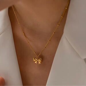 18K Gold Plated Charm Bow Pendant Bead Chain Necklace